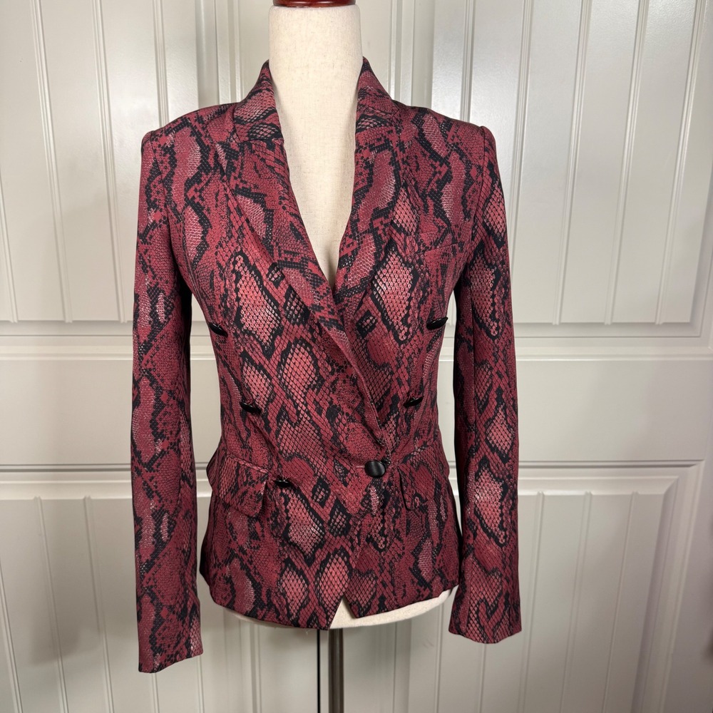 L'AGENCE Kenzie Blazer Women 0 Red Black Snakeskin Print Double Breasted Stretch